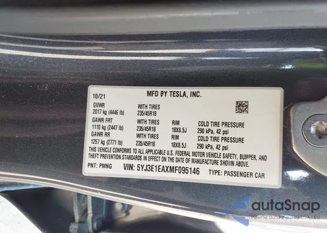 2021 Tesla Model 3 Standard Range Plus Rear-Wheel Drive from USA, damaged, VIN 5YJ3E1EAXMF095146